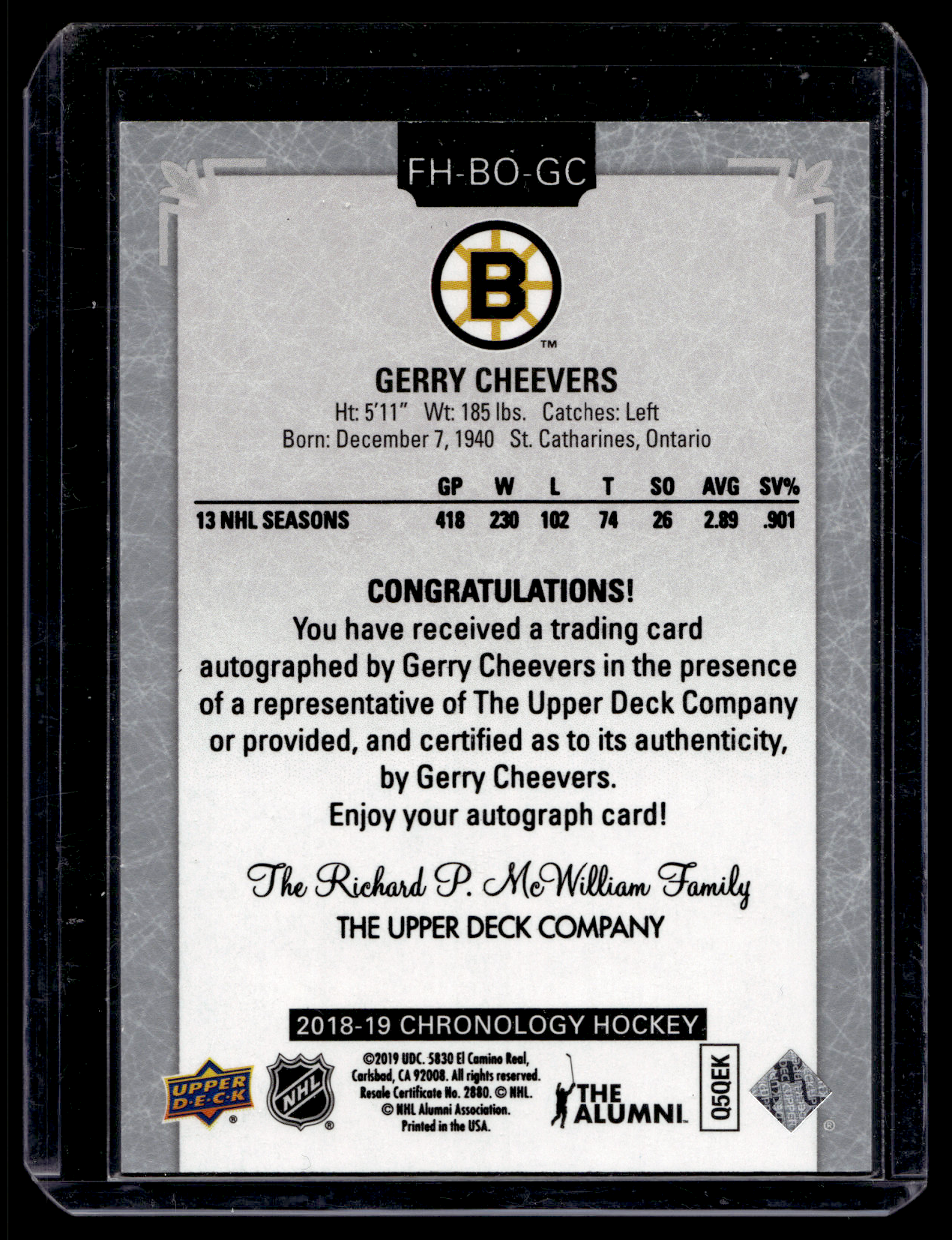 2018-19 Upper Deck Chronology - Franchise History Autographs - Gerry Cheevers #FH-BO-GC