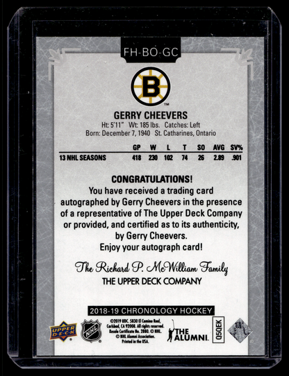 2018-19 Upper Deck Chronology - Franchise History Autographs - Gerry Cheevers #FH-BO-GC