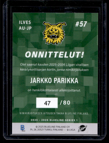 2025-26 Blueline Signature Silver - Jarkko Parikka #AU-JP /80