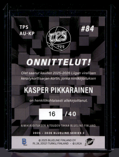 2025-26 Blueline Signature Gold - Kasper Pikkarainen #AU-KP /40
