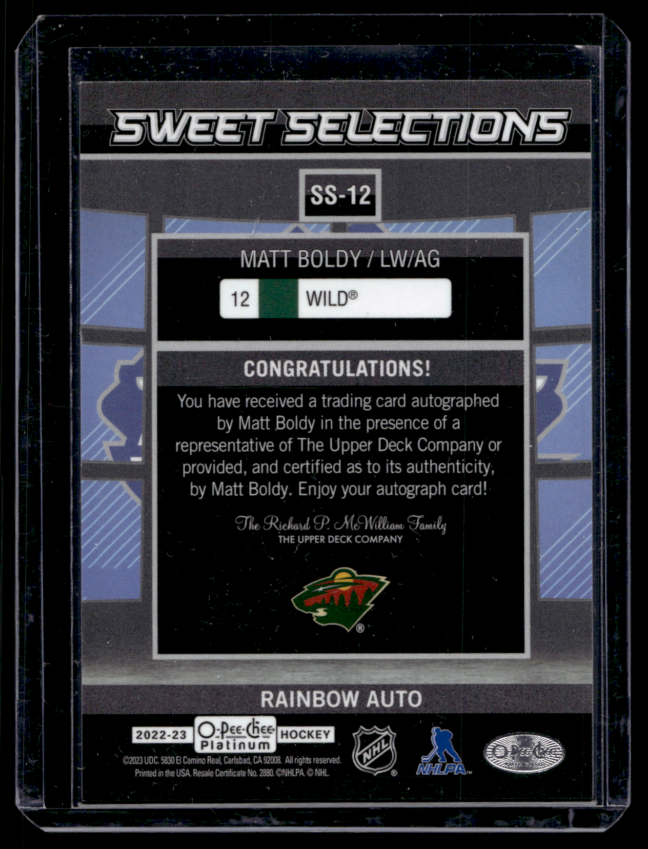 2022-23 Upper Deck OPC Platinum - Sweet Selections - Rainbow Autographs - Matt Boldy #SS-12 RY