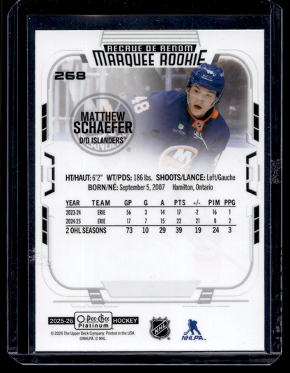 2025-26 Upper Deck OPC Platinum - Marquee Rookies - Matthew Schaefer #268 RC