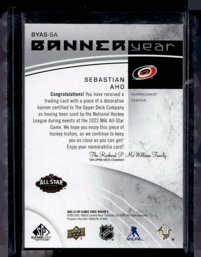 2022-23 Upper Deck SP Game Used Edition - 2022 NHL All-Star Game Banner Year Relics - Sebastian Aho #BYAS-SA