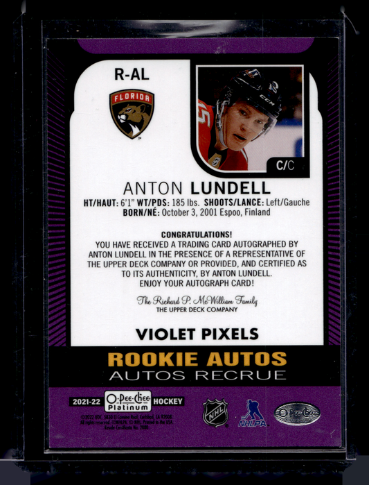 2021-22 Upper Deck OPC Platinum - Rookie Autographs - Violet Pixels - Anton Lundell #R-AL RY