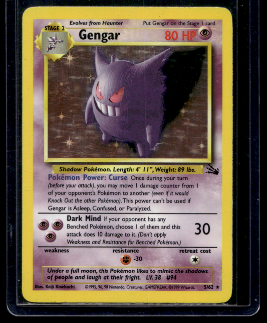 1999 Pokemon Fossil - Holo - Gengar #5 (Condition: Good)