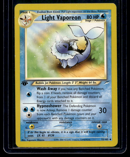 2002 Pokemon Neo Destiny - 1st Edition - Light Vaporeon #52 (Kunto: Excellent)