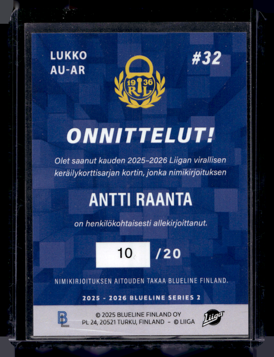 2025-26 Blueline Signature Rare - Antti Raanta #AU-AR /20