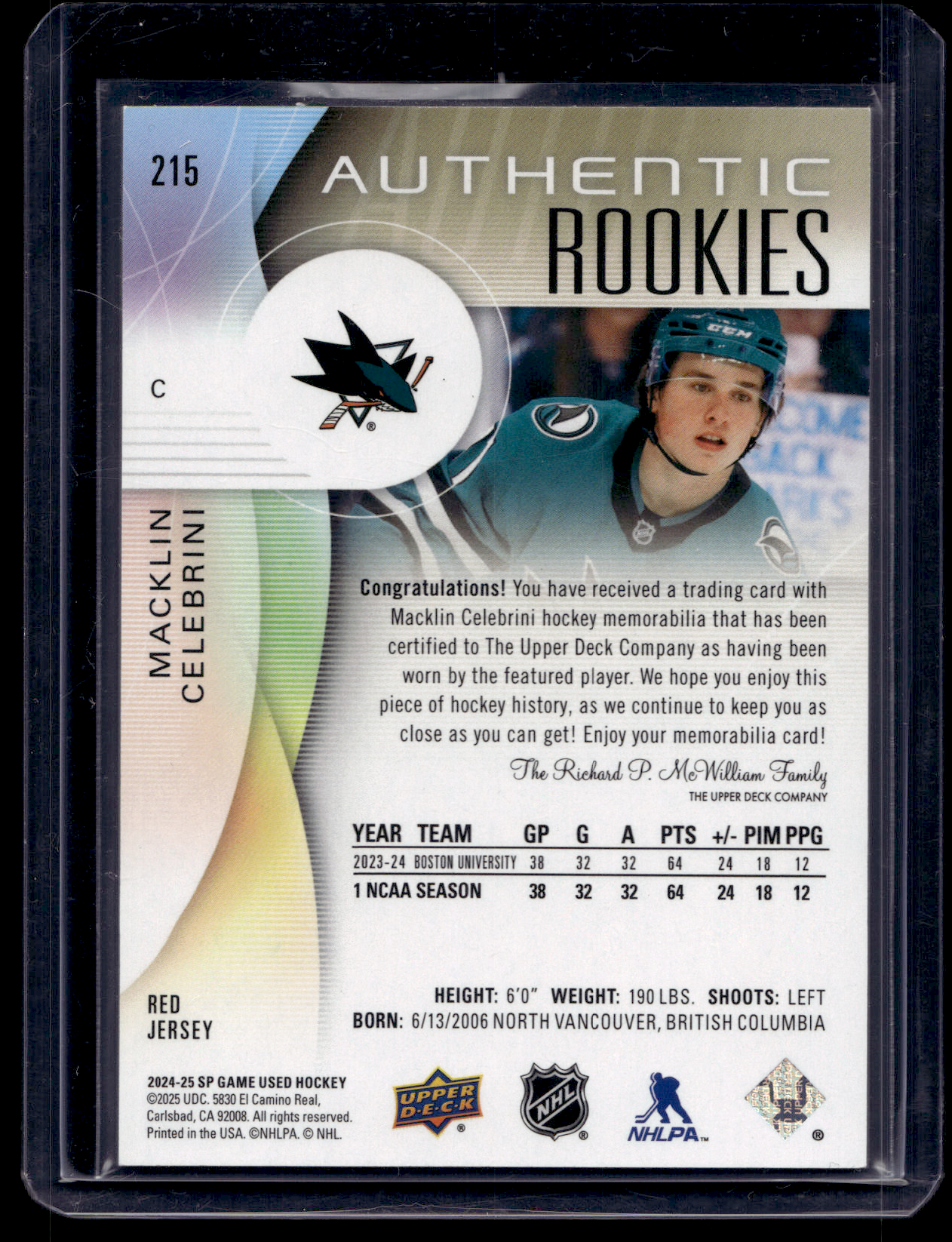 2024-25 Upper Deck SP Game Used Edition - Red Jersey - Authentic Rookies - Macklin Celebrini #215 RC