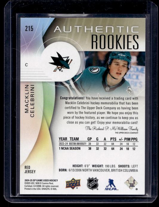 2024-25 Upper Deck SP Game Used Edition - Red Jersey - Authentic Rookies - Macklin Celebrini #215 RC