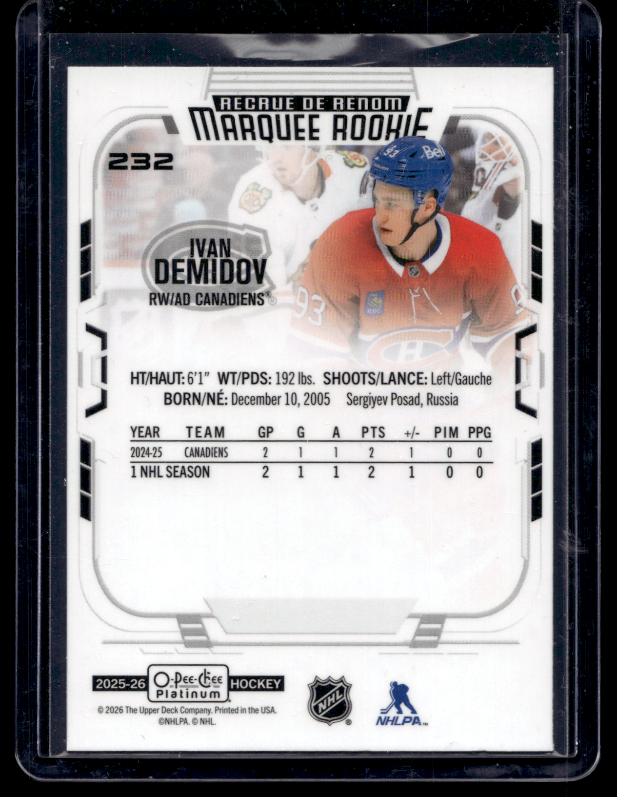 2025-26 Upper Deck OPC Platinum - Marquee Rookies - Ivan Demidov #232 RC