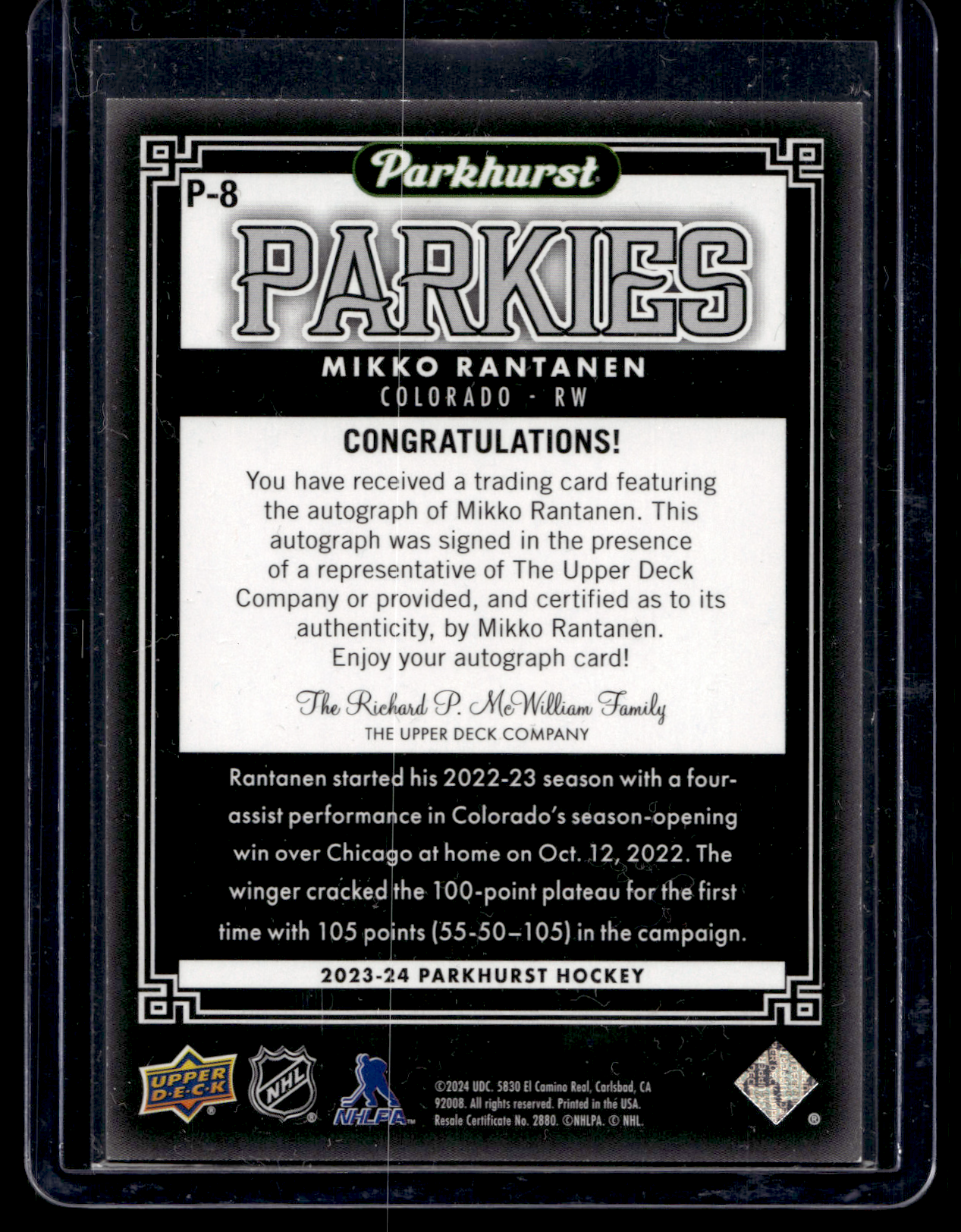 2023-24 Upper Deck Parkhurst - Parkies - Blue Auto - Mikko Rantanen #P-8