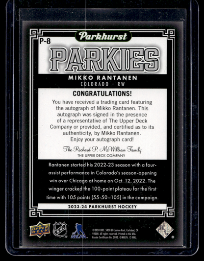 2023-24 Upper Deck Parkhurst - Parkies - Blue Auto - Mikko Rantanen #P-8