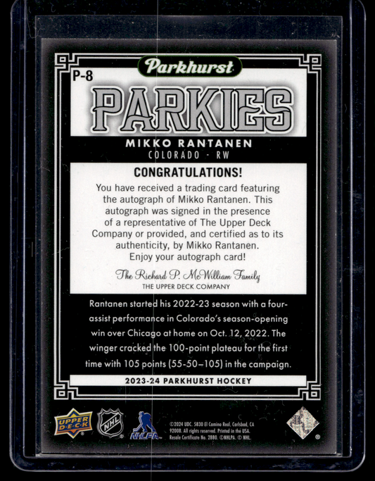 2023-24 Upper Deck Parkhurst - Parkies - Blue Auto - Mikko Rantanen #P-8