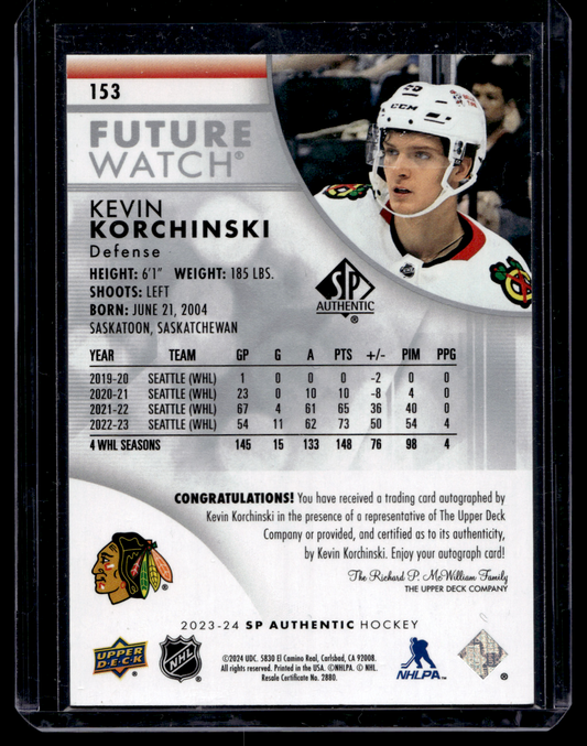 2023-24 Upper Deck SP Authentic - Autographed Future Watch - Kevin Korchinski #153 /999 RC