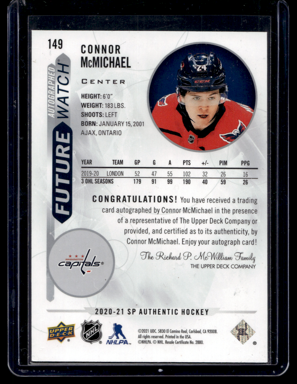 2020-21 Upper Deck SP Authentic - Autographed Future Watch - Connor McMichael #149 /999 RC