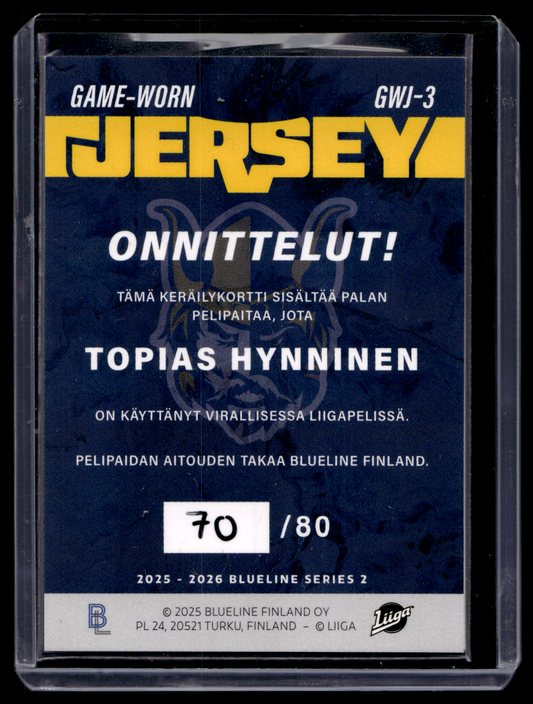 2025-26 Blueline Jersey - Topias Hynninen #GWJ-3 /80