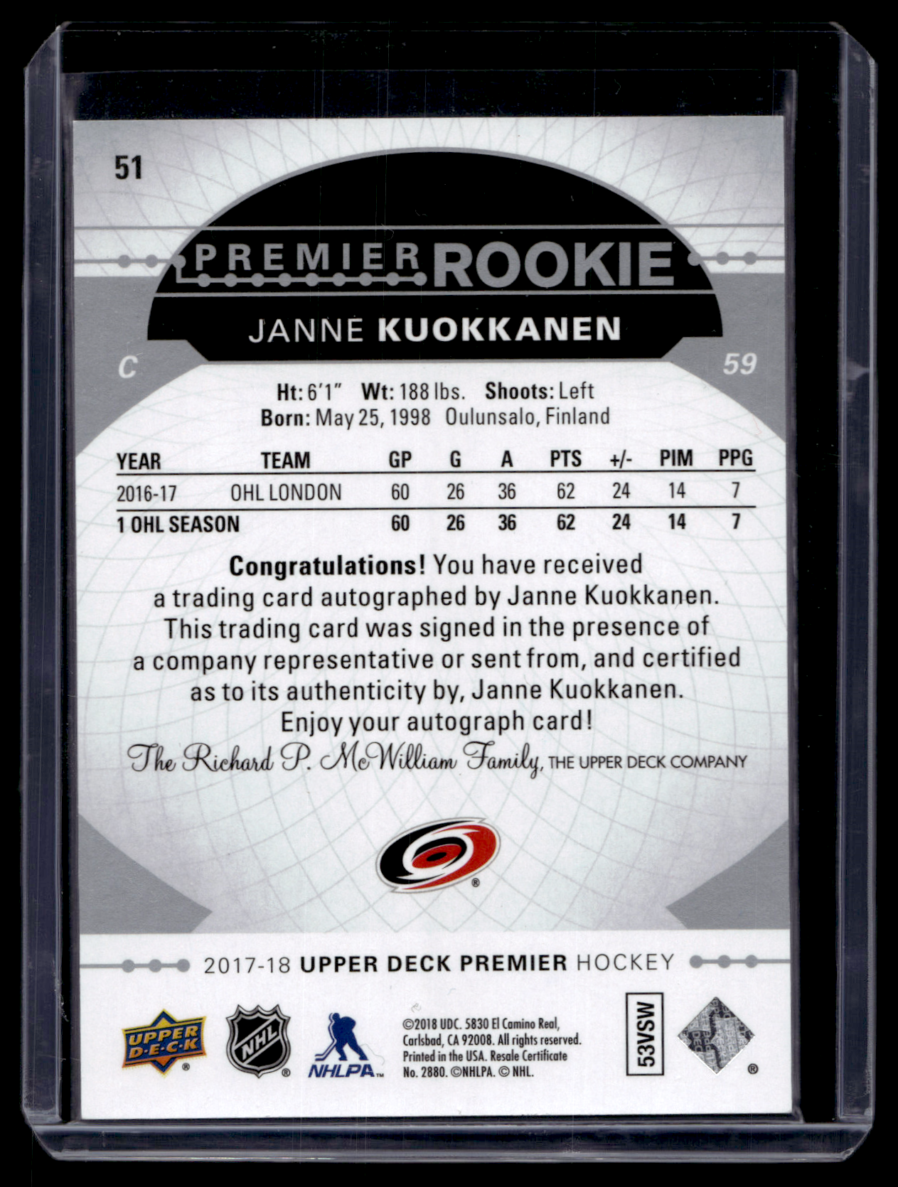 2017-18 Upper Deck Premier - Silver Spectrum - Tier 1 - Premier Rookie - Janne Kuokkanen #51 RY