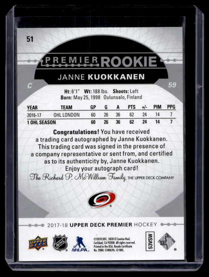 2017-18 Upper Deck Premier - Silver Spectrum - Tier 1 - Premier Rookie - Janne Kuokkanen #51 RY