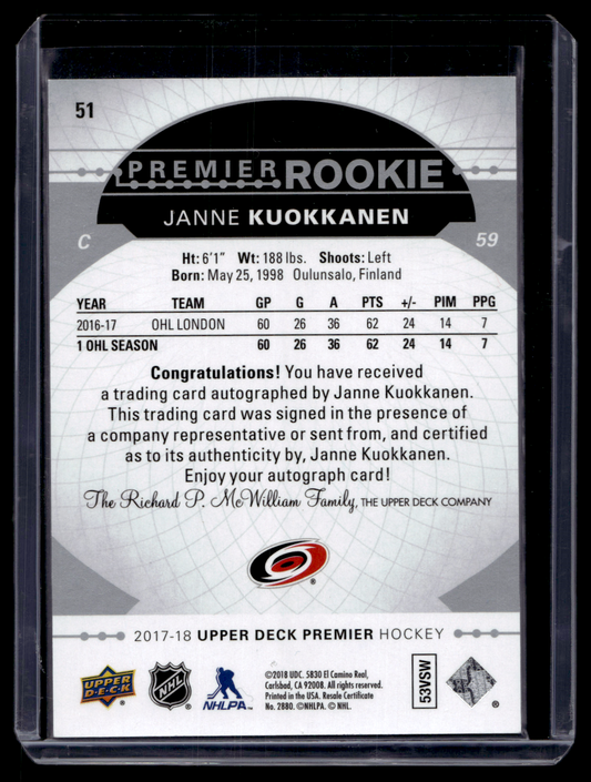 2017-18 Upper Deck Premier - Silver Spectrum - Tier 1 - Premier Rookie - Janne Kuokkanen #51 RY