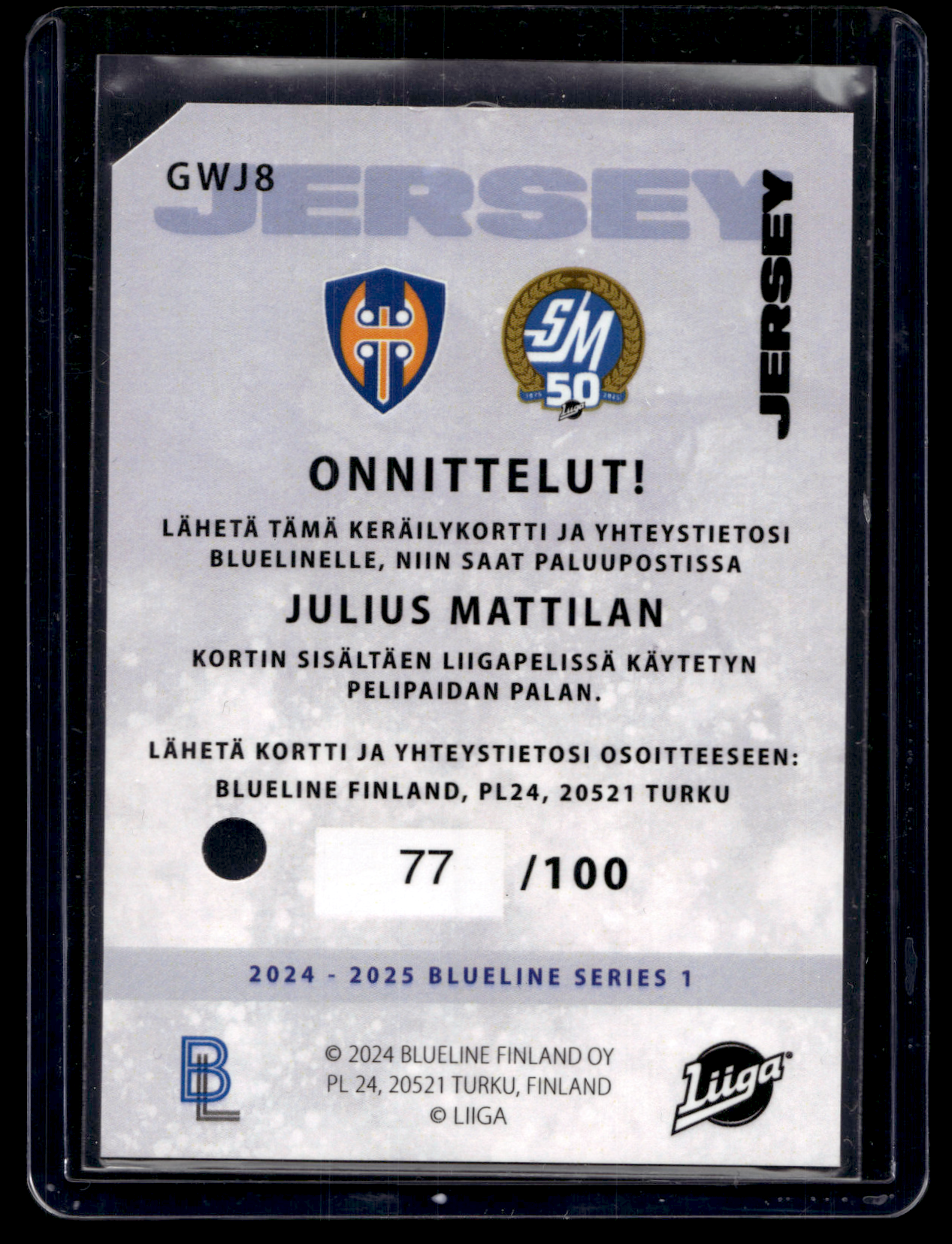 2024-25 Blueline Jersey - Julius Mattila #GWJ8 /100