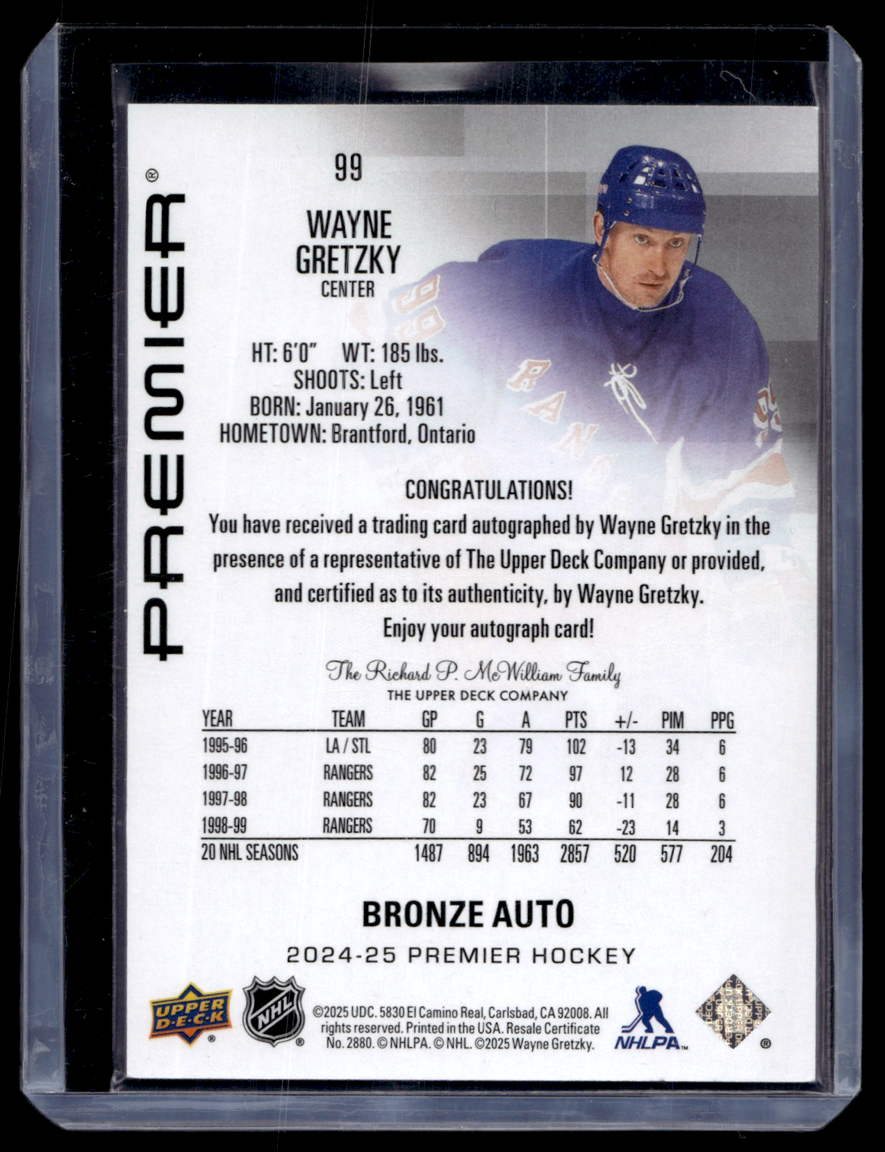 2024-25 Upper Deck Premier - Bronze Autographs - SP - Greats - Wayne Gretzky #99