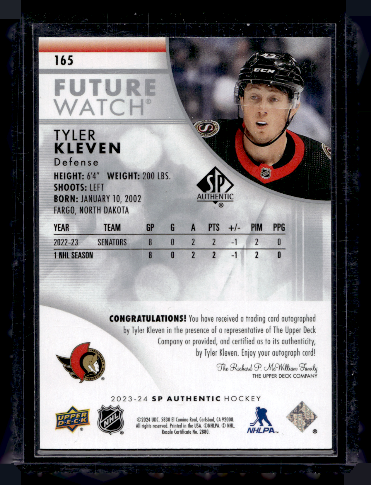 2023-24 Upper Deck SP Authentic - Autographed Future Watch - Tyler Kleven #165 /999 RC