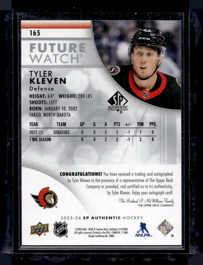 2023-24 Upper Deck SP Authentic - Autographed Future Watch - Tyler Kleven #165 /999 RC
