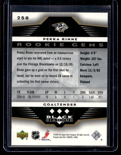 2005-06 Upper Deck Black Diamond - Rookie Gems - Pekka Rinne #258 RC
