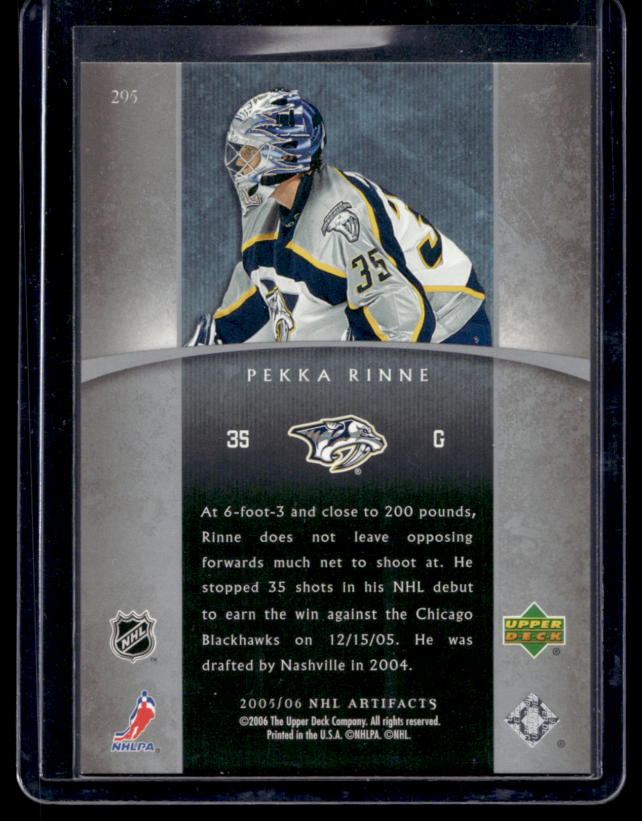 2005-06 Upper Deck Artifacts - Rookies - Pekka Rinne #295 /750 RC