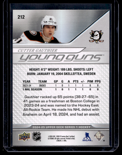 2024-25 Upper Deck Series 1 - Young Guns - Cutter Gauthier #212 RC