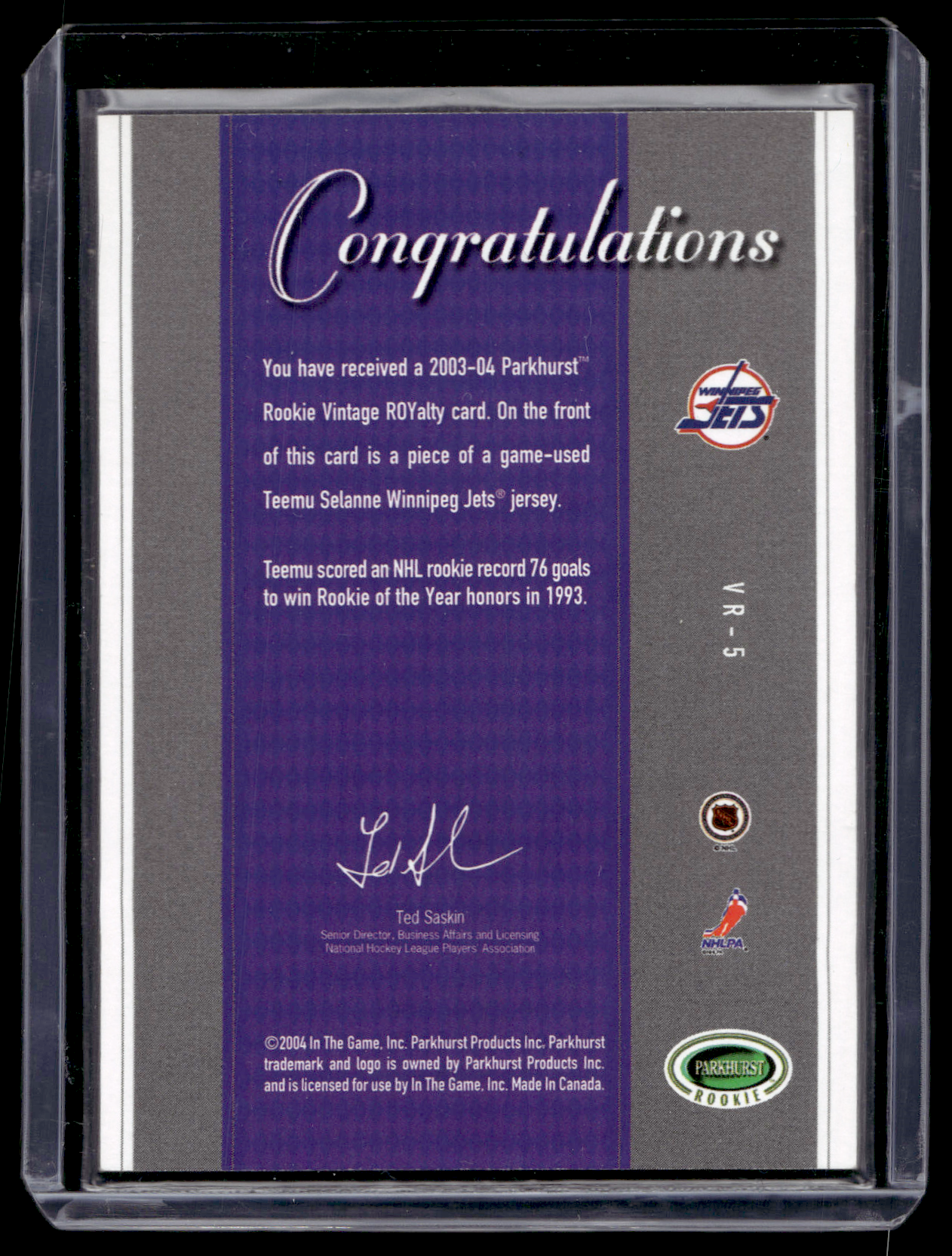 2003-04 In the Game Parkhurst Rookie - Vintage ROYalty - Teemu Selanne #VR-5