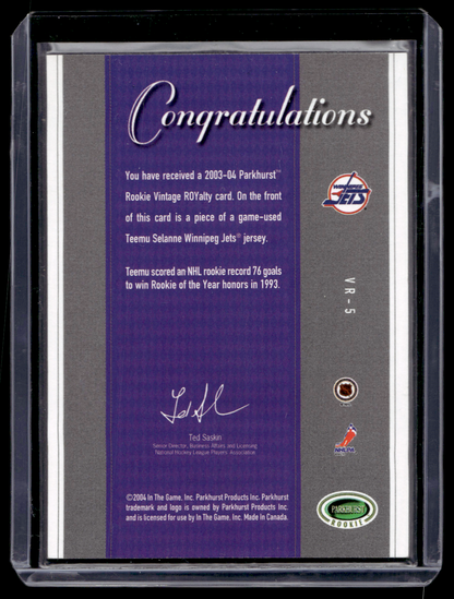 2003-04 In the Game Parkhurst Rookie - Vintage ROYalty - Teemu Selanne #VR-5