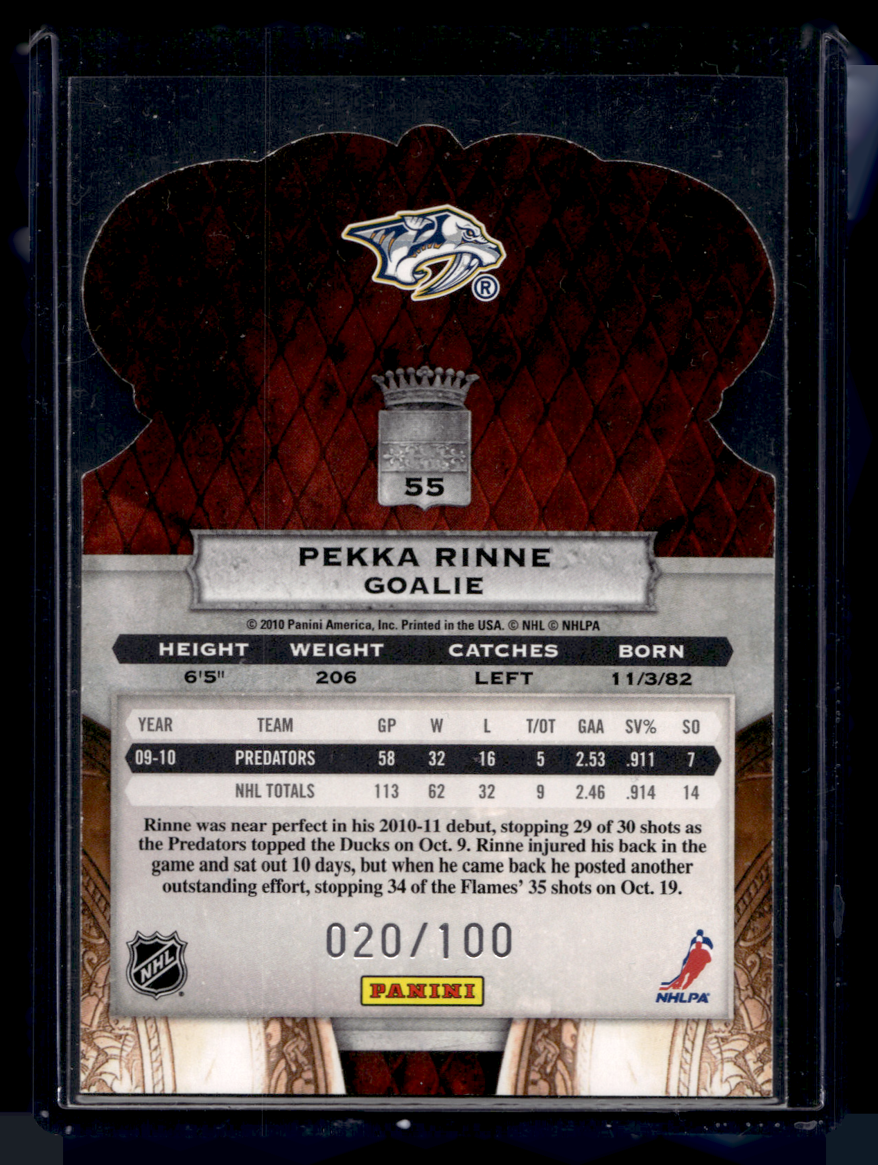 2010-11 Panini Crown Royale - Premiere Date - Pekka Rinne #55 /100