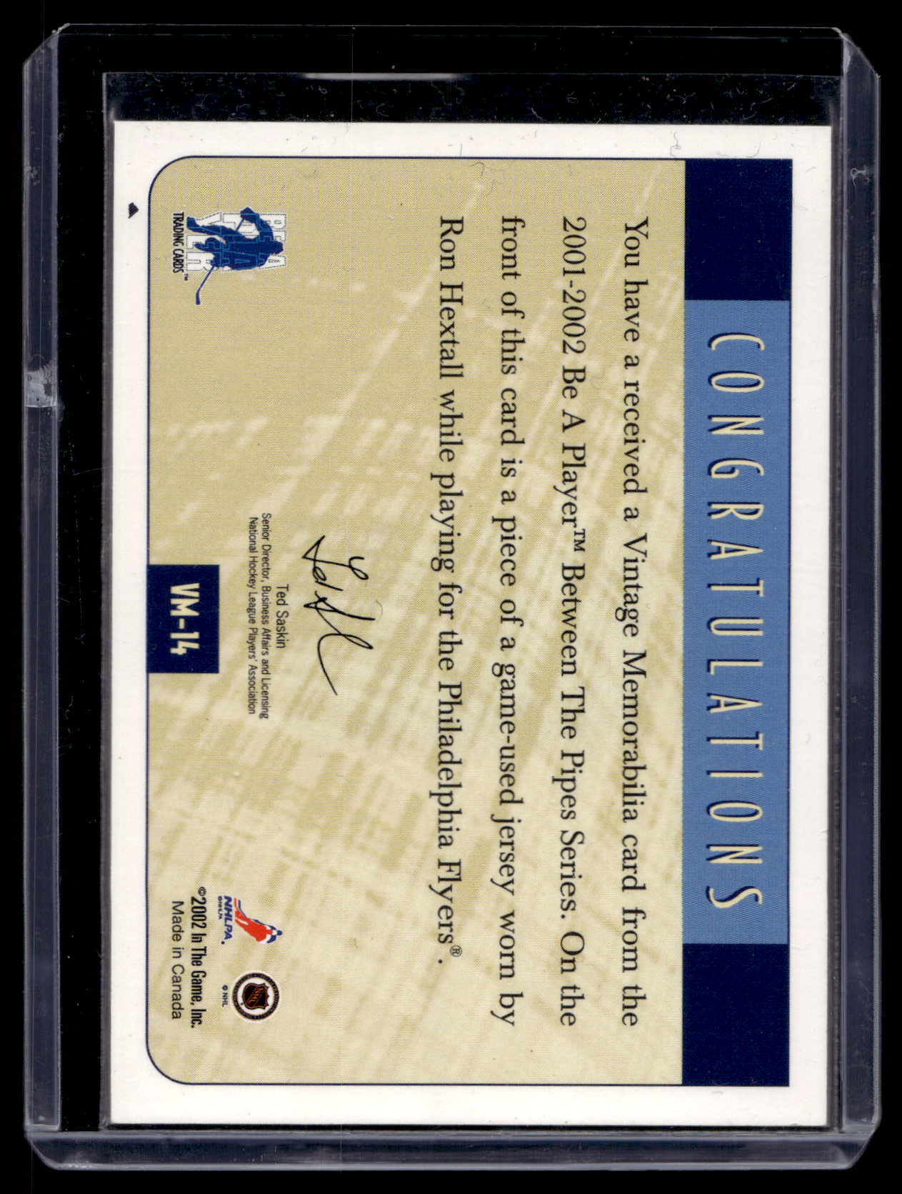 2001-02 In the Game Be A Player Between the Pipes - Vintage Memorabilia - Ron Hextall #VM-14