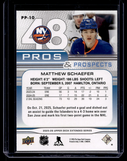 2025-26 Upper Deck Extended Series - Pros and Prospects -  Matthew Schaefer #PP-10 RY