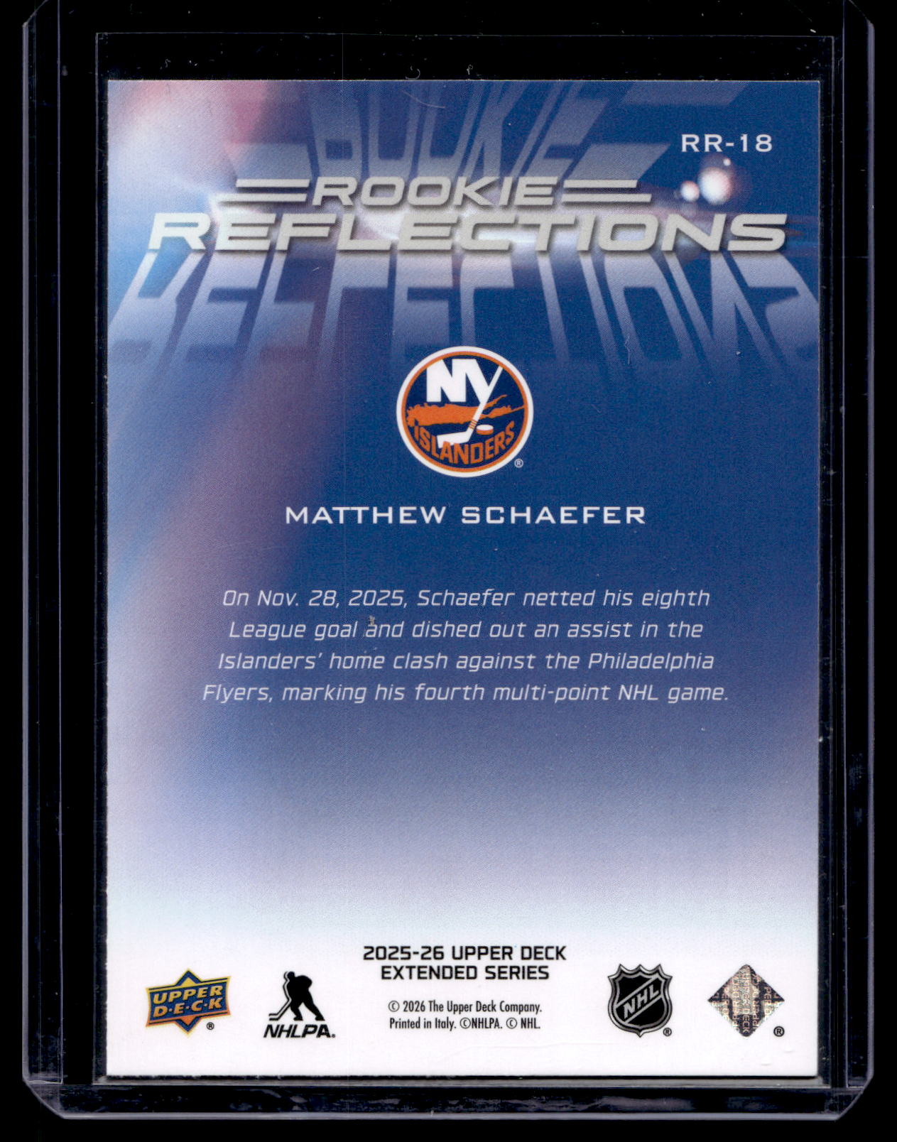2025-26 Upper Deck Extended Series - Rookie Reflections -  Matthew Schaefer #RR-18 RY