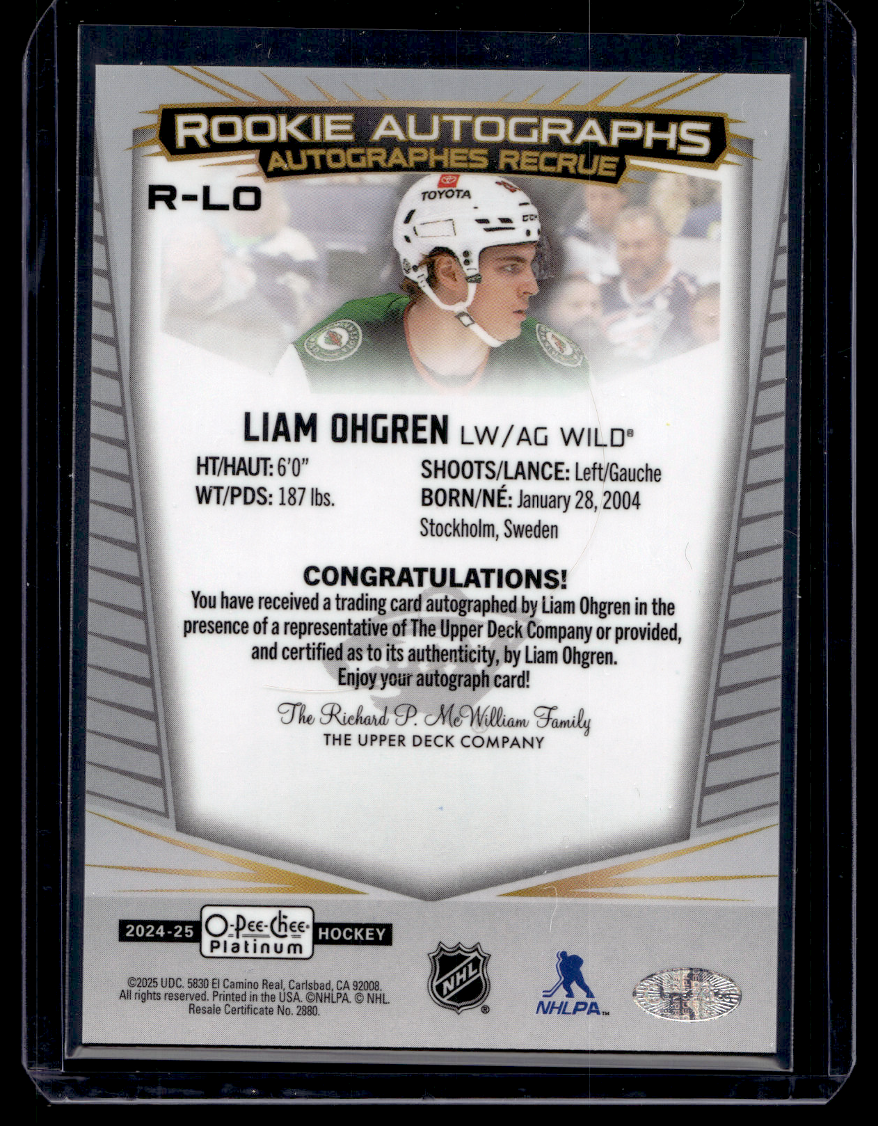 2024-25 Upper Deck OPC Platinum - Rookie Autographs - Liam Ohgren #R-LO RY