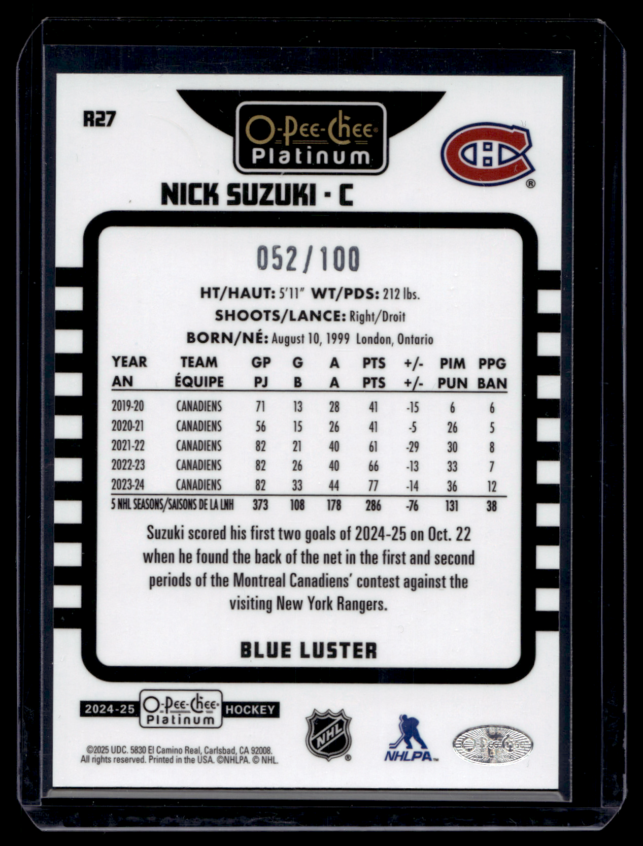 2024-25 Upper Deck OPC Platinum - Retro - Blue Luster - Nick Suzuki #R27 /100