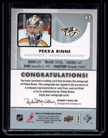 2012-13 Upper Deck SP Game Used Edition - Autographs - Pekka Rinne #45