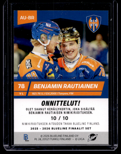 2025-26 Blueline 2026 Finaalit Signature  - Benjamin Rautiainen #AU-BR /10