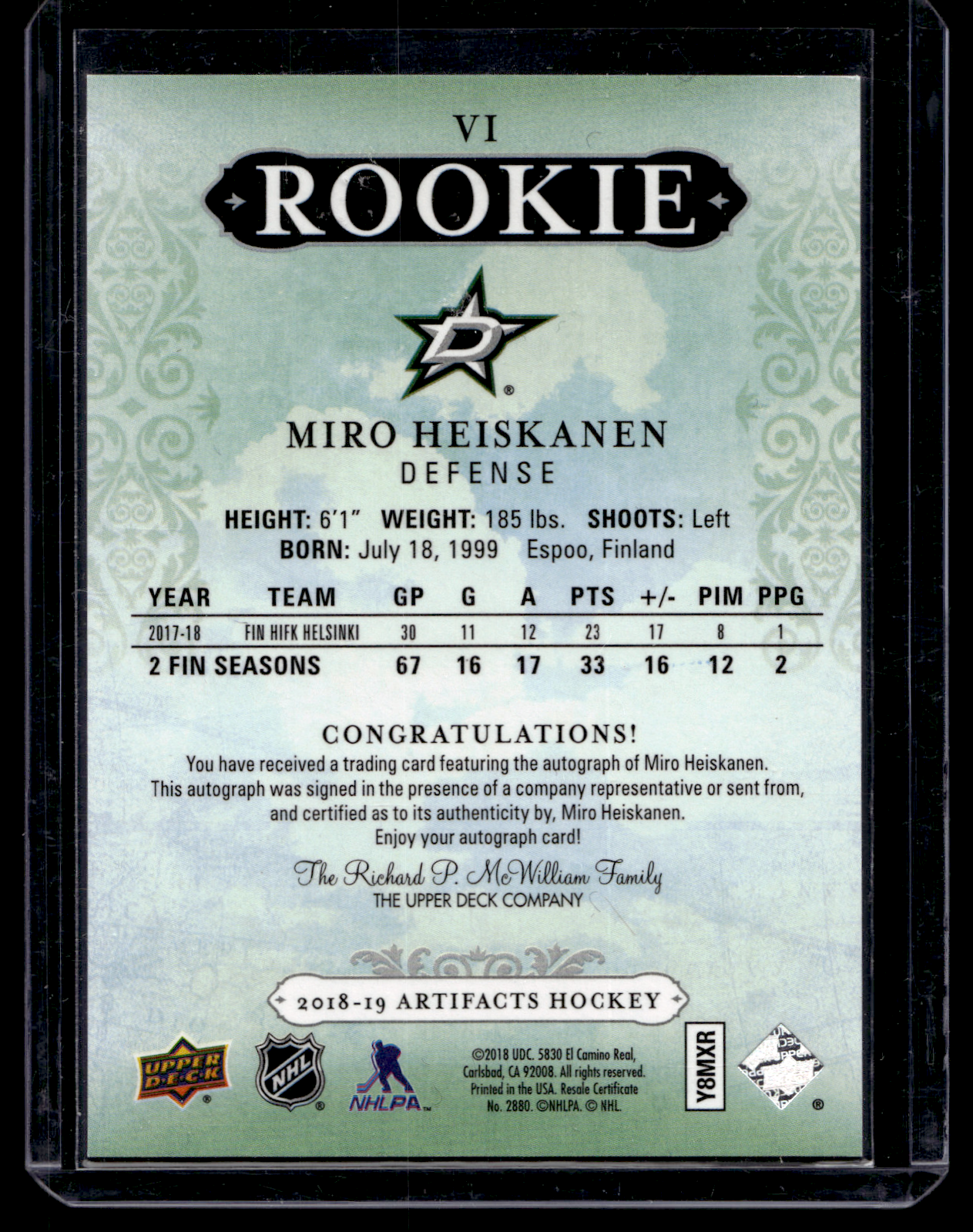 2018-19 Upper Deck Artifacts - Roman Numeral Rookies Redemptions - Autographs - Miro Heiskanen #VI /175 RY