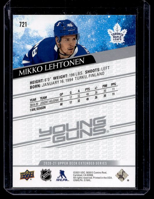2020-21 Upper Deck Extended Series - Young Guns - Mikko Lehtonen #721 RC