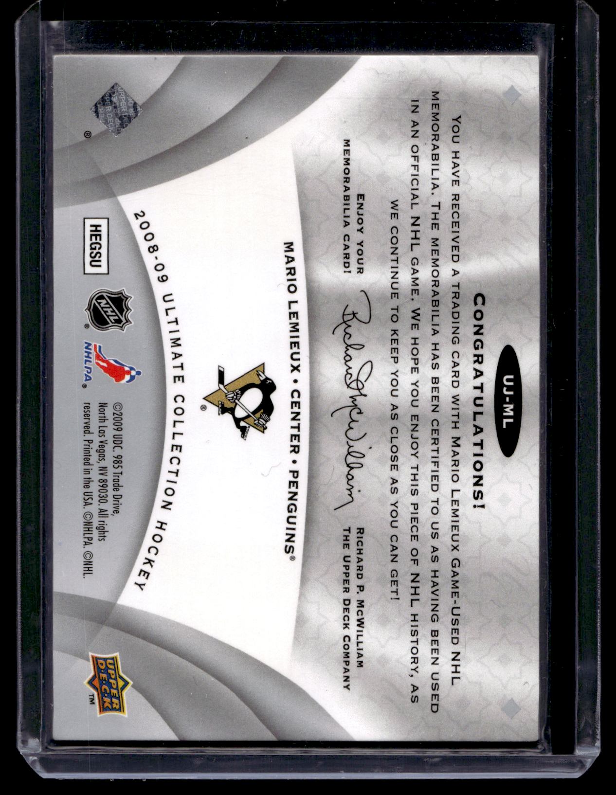 2008-09 Upper Deck Ultimate Collection - Ultimate Jersey - Mario Lemieux #UJ-ML /100