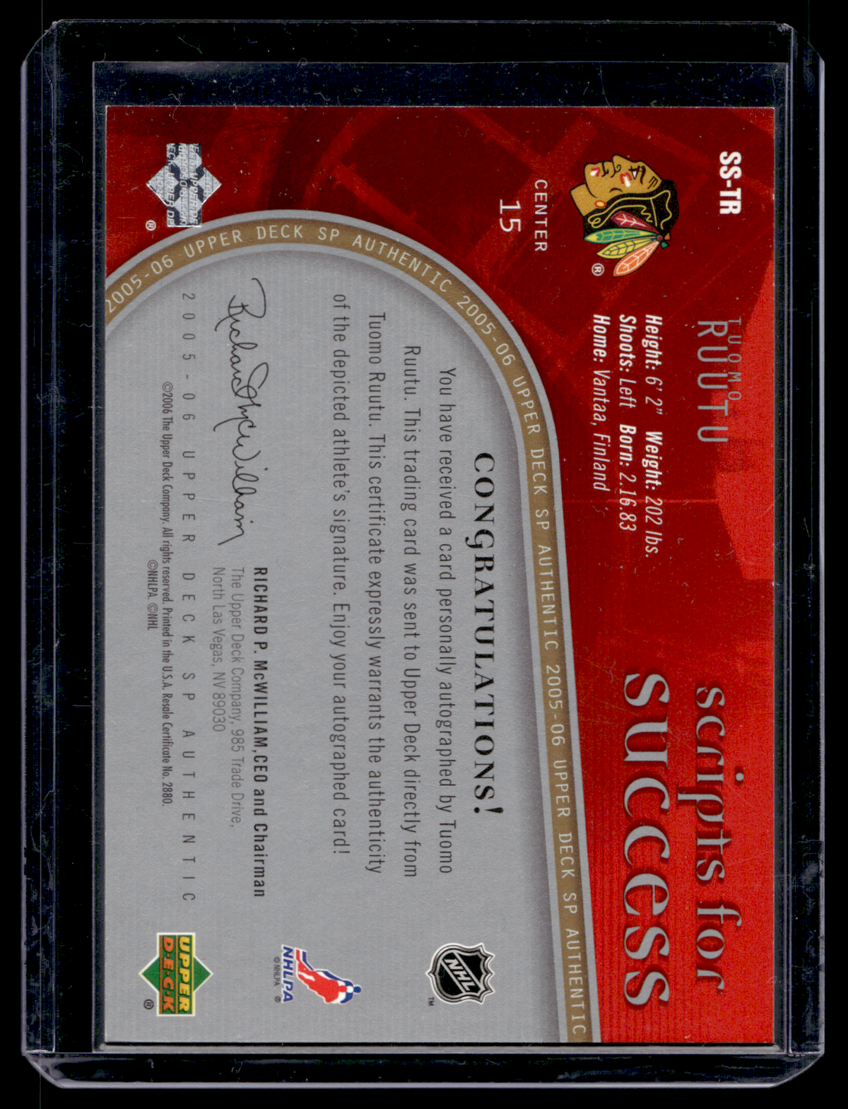 2005-06 Upper Deck SP Authentic - Scripts for Success - Tuomo Ruutu #SS-TR /100