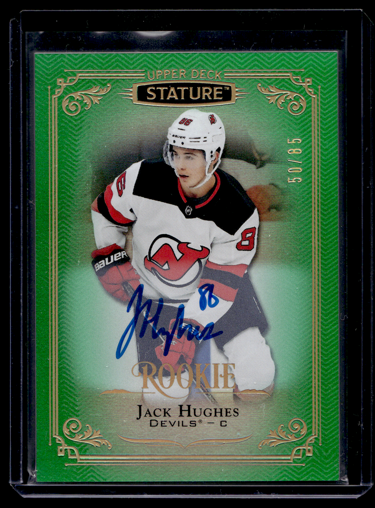 2019-20 Upper Deck Stature - Green Autographs - Rookies - Jack Hughes #150 /85 RC