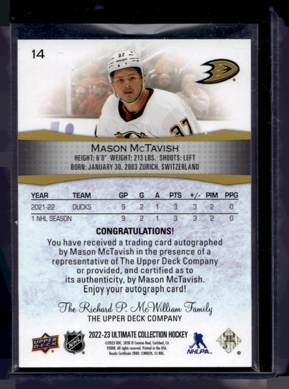 2022-23 Upper Deck Ultimate Collection - Autographs - Mason McTavish #14