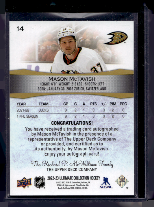 2022-23 Upper Deck Ultimate Collection - Autographs - Mason McTavish #14