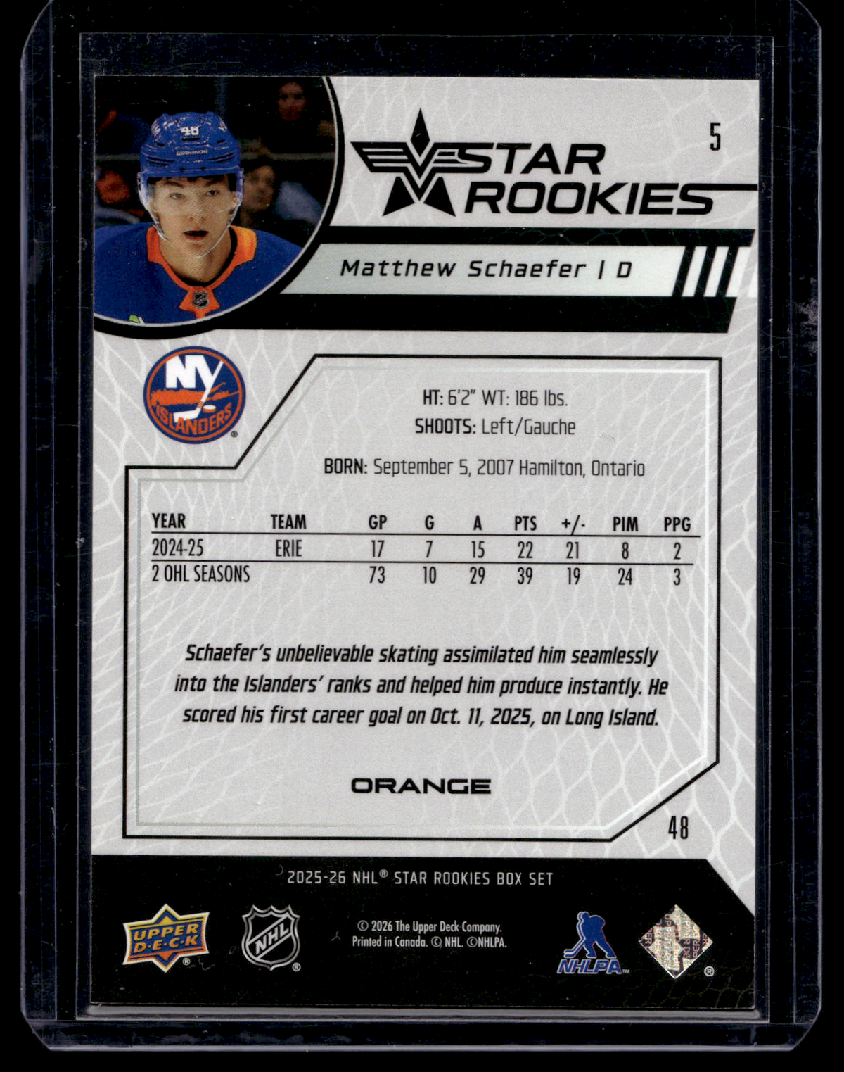 2025-26 Upper Deck Star Rookies - Box Set - Orange - Matthew Schaefer #5 /99 RY