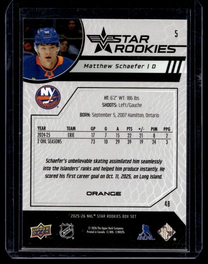 2025-26 Upper Deck Star Rookies - Box Set - Orange - Matthew Schaefer #5 /99 RY