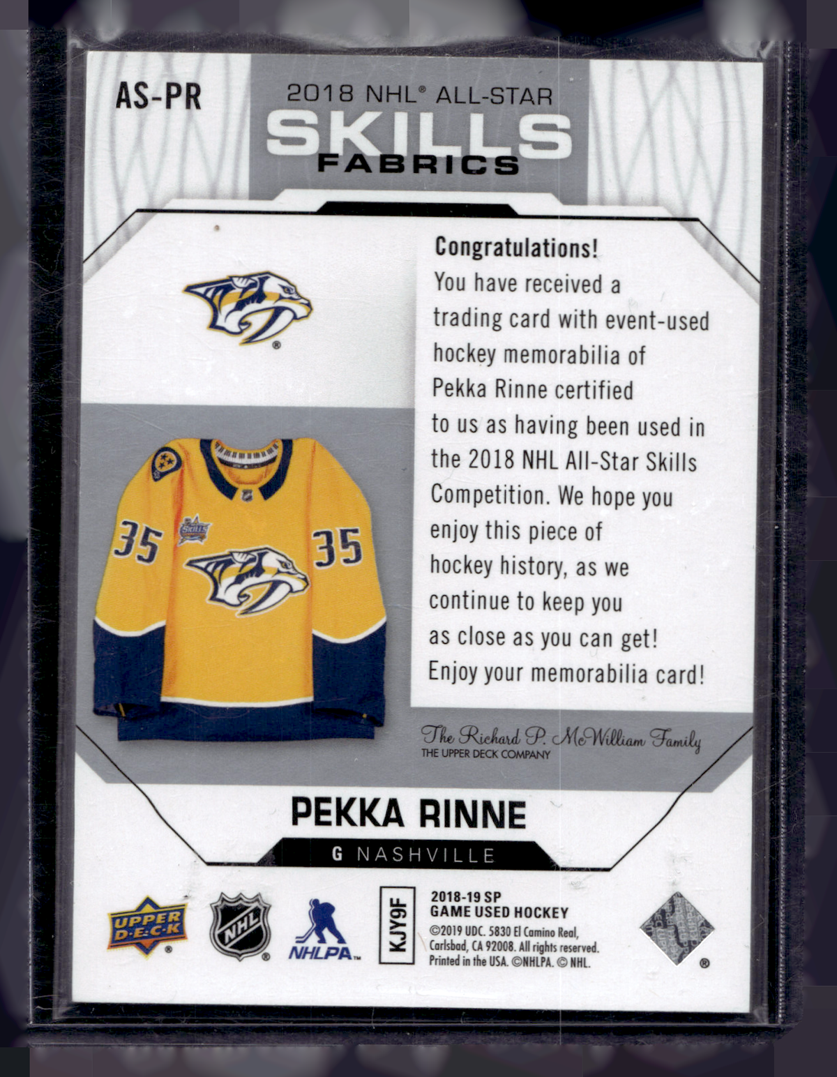 2018-19 Upper Deck SP Game Used Edition - 2018 All-Star Skills Fabrics - Pekka Rinne #AS-PR